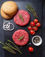 Raw ingredients for making tasty homemade burgers with fresh vegetables and herbs on a black slate