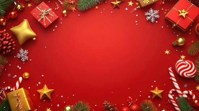 A red background with a bunch of Christmas decorations including a bunch of cand
