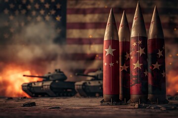 Nuclear tensions rise as USA and China flags backdrop military assets depicting potential conflict scenarios