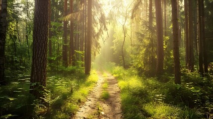 Obraz premium Tranquil Forest Trail Bathed in Soft Sunlight and Nature's Serenity