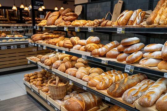 Freshly baked breads displayed in a supermarket bakery section with a variety of loaves available for customers