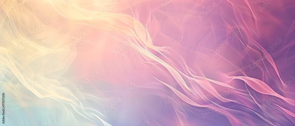Poster a calming abstract image featuring soft pastel waves and flowing gradients in pink, purple, and beig