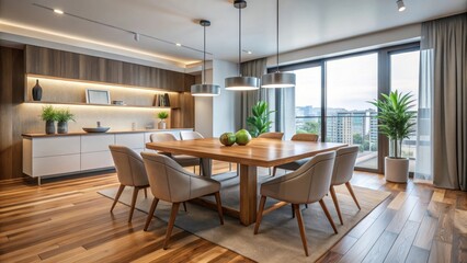 Fototapeta premium Modern dining room with wooden table and floor in a stylish apartment