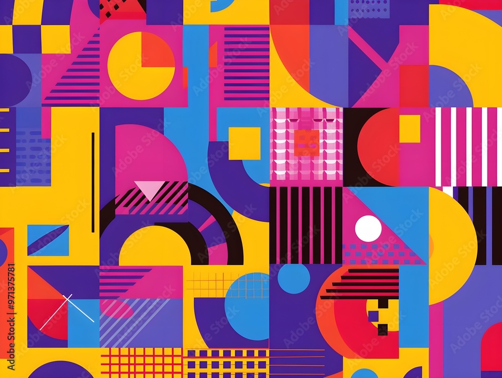 Poster a vibrant and dynamic abstract artwork featuring a patchwork of colorful geometric shapes, including