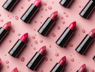 Obraz premium Flatlay of lipstick tubes and water drops on a glass surface, soft lighting, glossy finish, minimalist aesthetic, top view