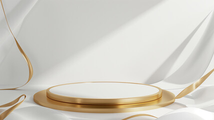 A gold colored round object sits on a white cloth. The cloth is draped over a surface, giving the impression of a stage or a platform. The gold object is the focal point of the image