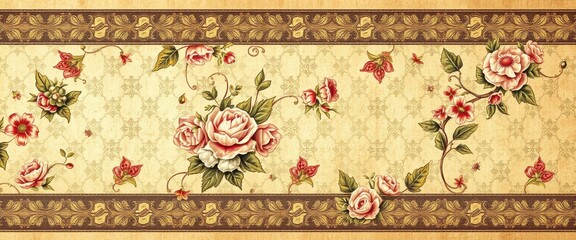 Vintage Floral Border with Ornate Gold Trim on Beige Background