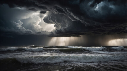 Fototapeta premium Dramatic ocean storm with dark clouds, waves crashing, and light breaking through, natures fury captured.