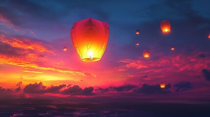 Sky lanterns flying during colorful sunset in the evening