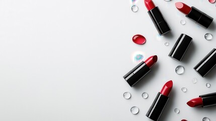Obraz premium Flatlay of lipstick tubes and water drops on a glass surface, soft lighting, glossy finish, minimalist aesthetic, top view