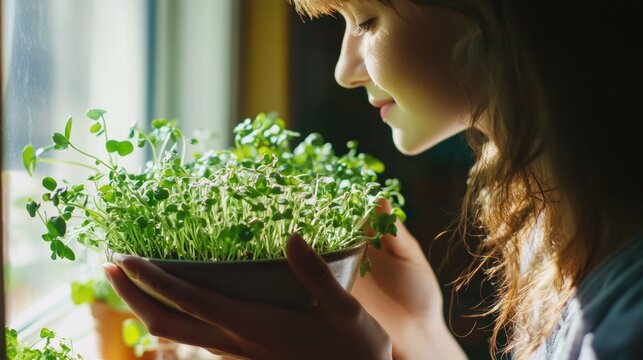 A woman is holding a bowl of green plants. She is smelling the plants and she is enjoying the scent - Powered by Adobe