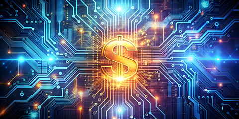 Obraz premium Glowing Abstract Financial Circuit Board Art: Futuristic Digital Design with Bright Colors and Dynamic Light Effects Showcasing Spending, Savings, and Profits