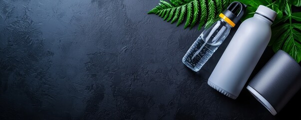Active lifestyle concept with sneakers, water bottle, and fitness tracker, longterm health, routine