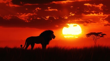 A lion is standing in the grass in front of a sunset