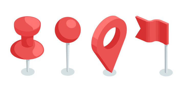 isometric vector set location icon and pin and flag , in color on white background, geolocation or destination