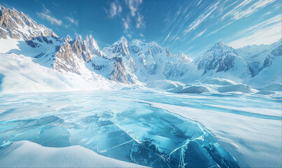 Empty ice surface, frozen mountain lake, winter mountains landscape with copy space
