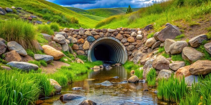 Storm culvert framed by rocky terrain and lush grass