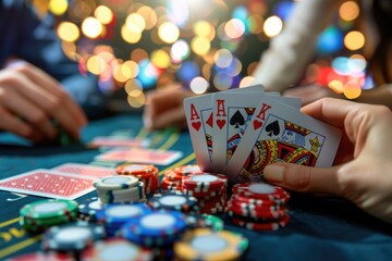 Close-up of a poker game, where a hand holds an Ace-King combination with poker chips scattered on the table