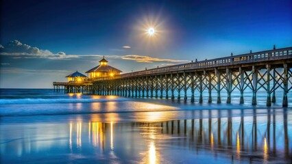 Fototapeta premium Moonlight shining on Folly Beach Pier at Charleston, SC overlooking the East Coast ocean