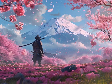 Lone Samurai Warrior Stands Amidst Cherry Blossoms with Mount Fuji Backdrop