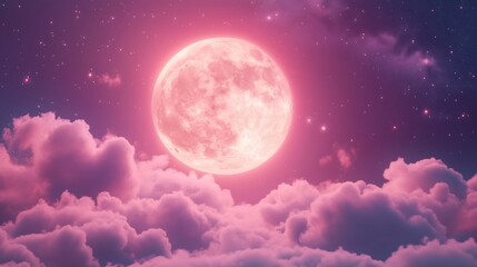 A night sky scene featuring a bright, radiant moon. The moon should be large and luminous, dominating the scene with a soft, glowing light. Surrounding the moon are scattered stars and fluffy clouds.