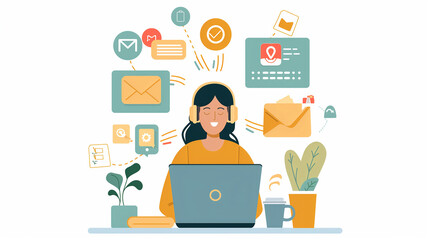 A woman is sitting at a desk with a laptop and a cup of coffee. She is wearing headphones and she is working on a computer. Concept of productivity and focus, as the woman is engaged in her work