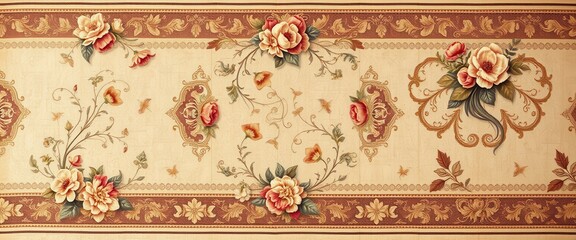 Obraz premium Vintage Floral Border with Ornate Scrollwork and Red and Gold Accents