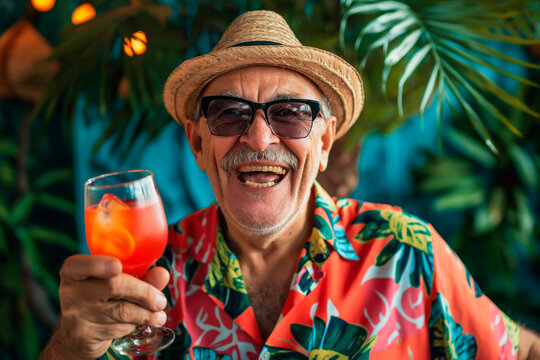happy old man wearing hawaii shirt, sunglasses and hat  with cocktail in his hand