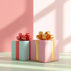 Christmas presents, wrapped in festive paper and ribbons, 3D illustration, copy space for text,