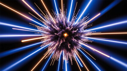 An abstract explosion featuring vibrant beams of blue, purple, and yellow light radiating from a central glowing core, against a dark background. themes of space, energy, or abstract art.