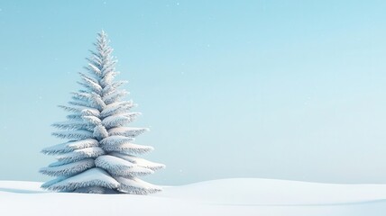 Snow-covered Christmas tree, outdoor setting, 3D illustration, copy space for text,