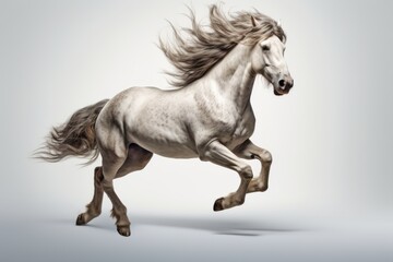 Fototapeta premium A powerful white horse captured mid-gallop, with flowing mane and tail, exuding strength, grace, and motion against a light background.