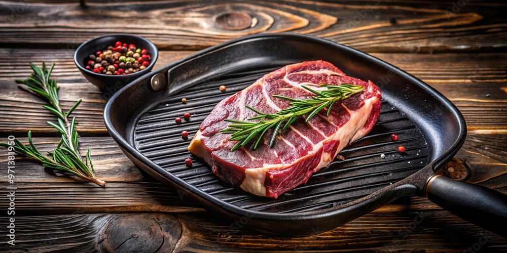 Wall mural Fresh raw black angus steak sizzling on a grill pan, with a rustic wooden background