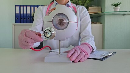 Ophthalmologist examining a model eye with a stethoscope in a clinical setting during daytime