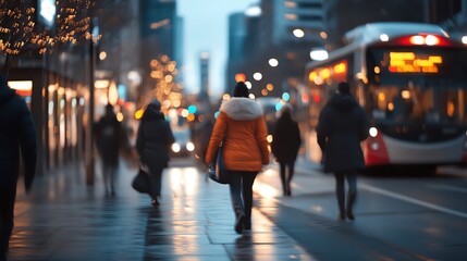 A person wearing an orange jacket walks down a city street at dusk, surrounded by blurred pedestrians and city lights.