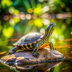 Fototapeta premium Turtle on a Rock by a Pond A small turtle basking in the sun on a rock by a pond, its tiny legs stretched out and the water shimmering in the background.