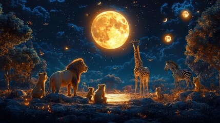 A group of animals are gathered around a large yellow moon in the night sky