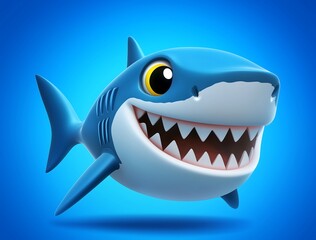 Smiling cartoon shark with a big grin in bright blue background