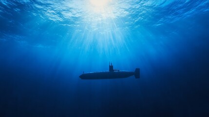 Fototapeta premium A submarine explores the depths of the blue sea. Navy submarine