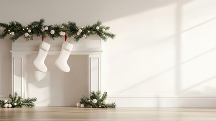 Christmas fireplace, with stockings and garland, 3D illustration, copy space for text,