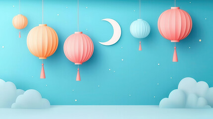 Obraz premium A cute cartoon Colorful paper lanterns floating in the sky with pastel moonlight, Mid-Autumn festival night celebration