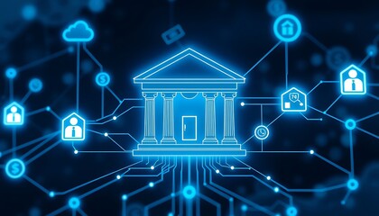 Fototapeta premium Advanced Digital Banking Network: Seamless Online Banking, Digital Money Exchange, and Cloud Data Management