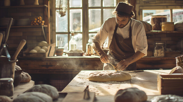 The Rustic Baker's Touch:  A baker in a sunlit, traditional kitchen, lovingly dusts flour over a freshly kneaded loaf, embodying the artisanal craft of bread-making. 