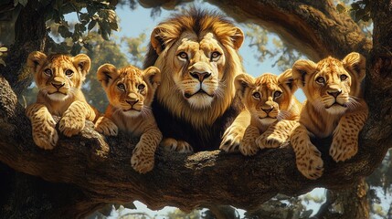 A family of lions are sitting on a tree branch