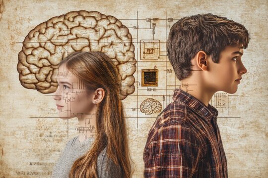 Machine cognition neural networks AI driven diagnostics brainwave interface and autonomous systems boy and girl with vintage brain illustration with ai integration and cognitive development