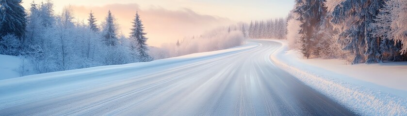 Obraz premium Beautiful winter landscape with a snow-covered road, surrounded by frosty trees and a pastel sunrise sky in the background.