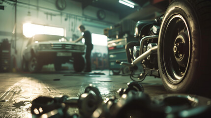Fototapeta premium Mechanic's Workshop: A lone mechanic works diligently on a classic car in a dimly lit garage, surrounded by tools and parts, creating a sense of focused labor and skilled craftsmanship. 