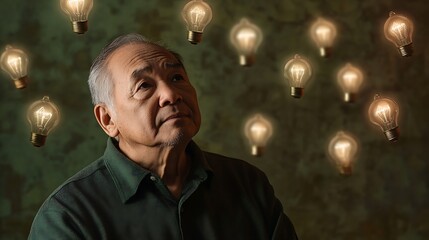 Contemplative Elderly Hispanic Man Surrounded by Floating Light Bulbs and Question Marks in Olive Green Setting