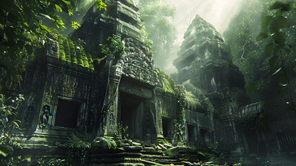 Ancient Temple Enveloped in Mist:  A majestic ancient temple shrouded in ethereal mist, its stone carvings weathered by time, stands proudly amidst a lush, verdant jungle. The temple's grandeur is acc
