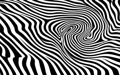 Abstract black and white optical illusion pattern with wavy zebra stripes creating a distorted swirl effect. High contrast design for backgrounds, textures, and graphic design projects.